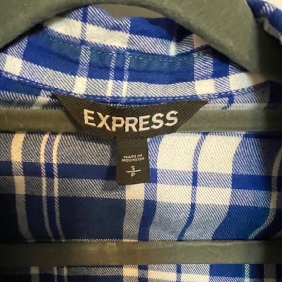 Express Boyfriend Fit Flannel - Blue/White, Size: Small - Picture 3 of 3